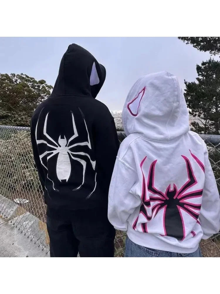 Unisex full zip spider hoodie, street style Harajuku graphic oversized jacket, hooded sweatshirt, punk gothic Y2K clothing