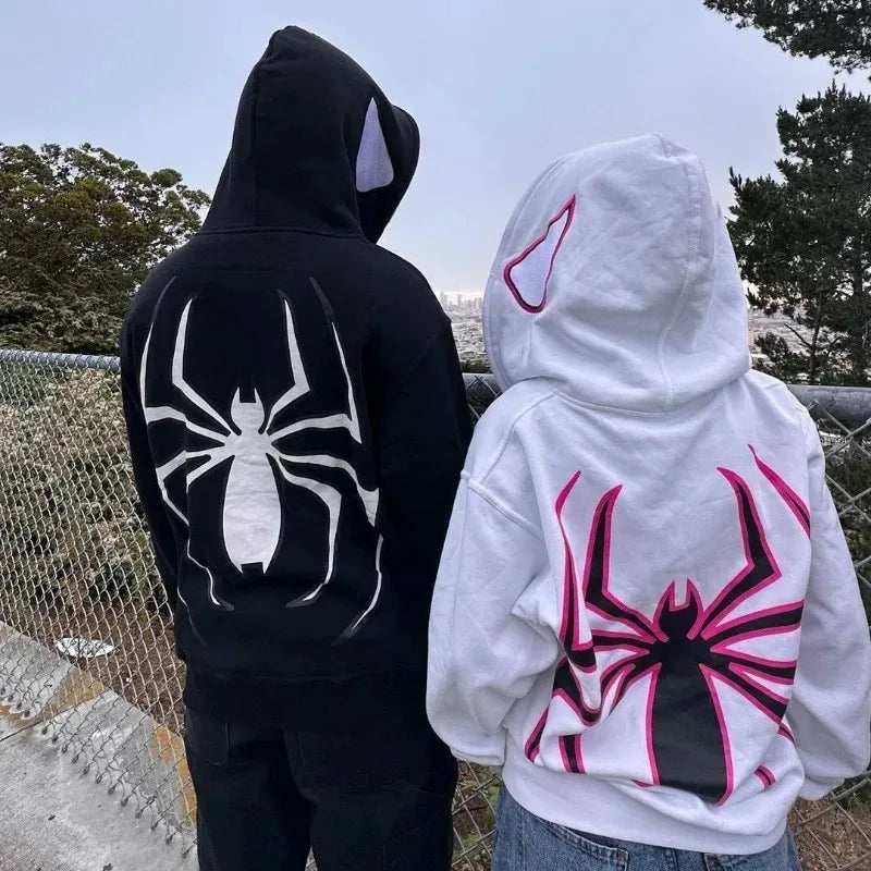 Unisex full zip spider hoodie, street style Harajuku graphic oversized jacket, hooded sweatshirt, punk gothic Y2K clothing