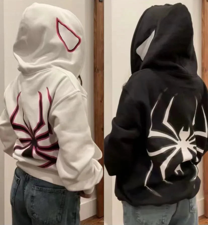 Unisex full zip spider hoodie, street style Harajuku graphic oversized jacket, hooded sweatshirt, punk gothic Y2K clothing
