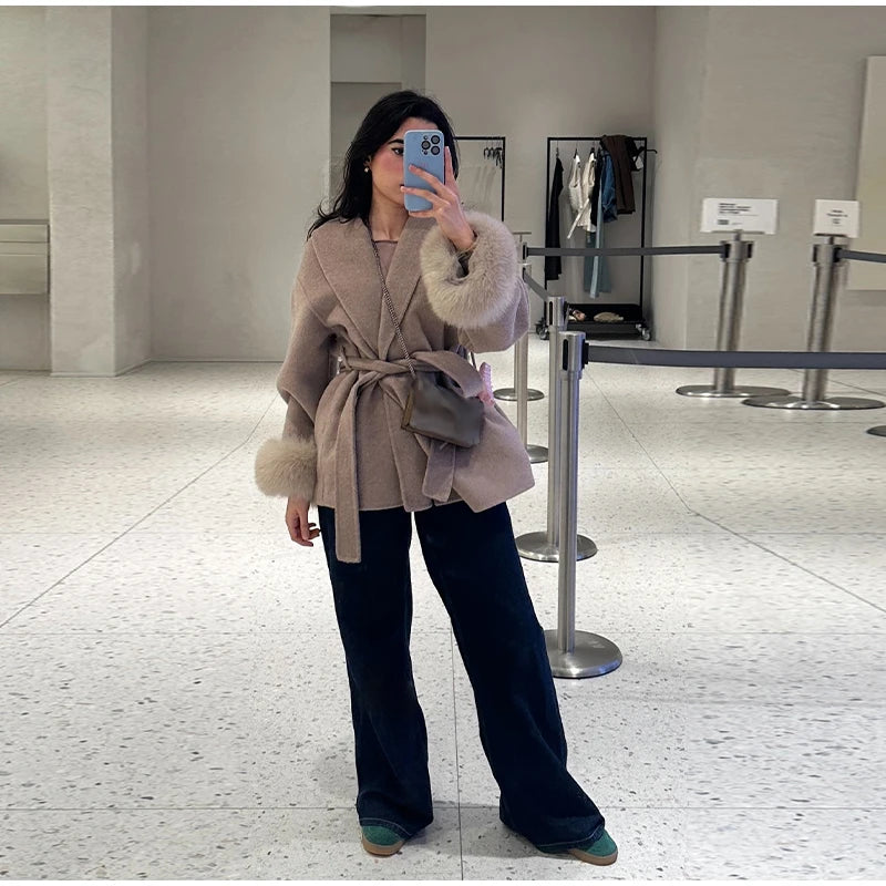 Belted Fuzzy Cuff Coat – 2025 Street Elegance