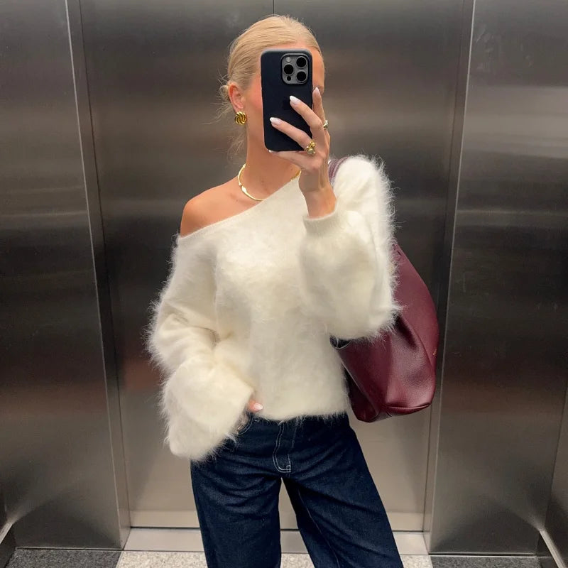 Sexy Off-Shoulder Mohair Sweater – 2025 Luxe Knit